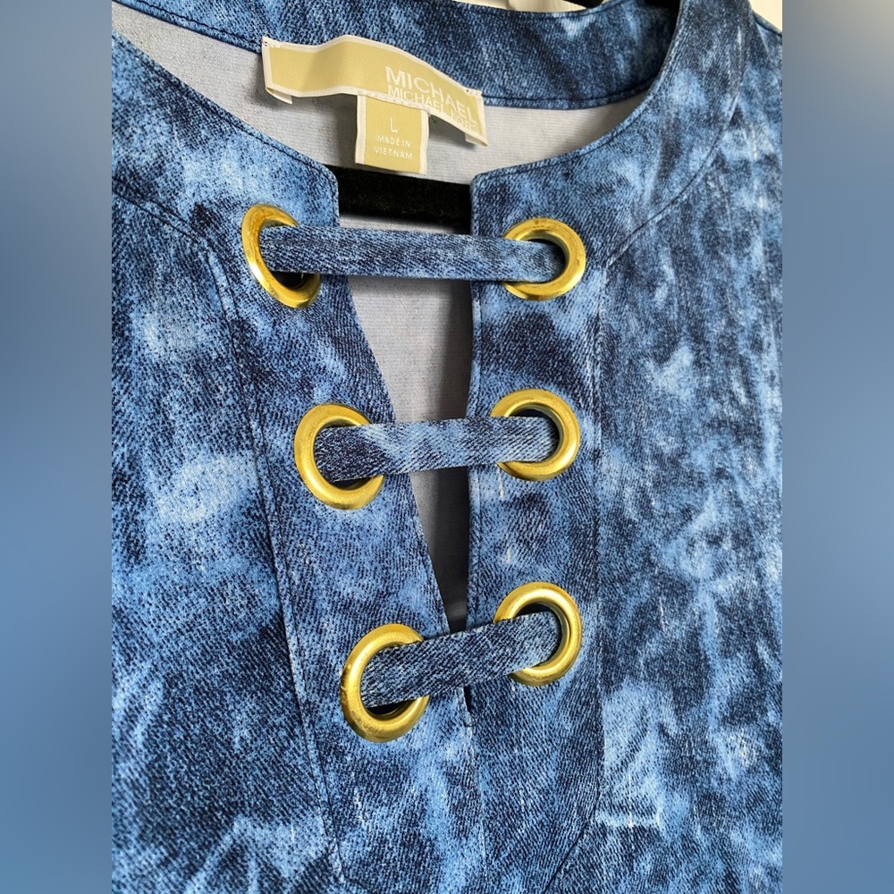 MICHAEL KORS Sleeveless Tie Dyed Denim Blue Lace Up Neck Tank Mini Dress Size L - Picture 6 of 14